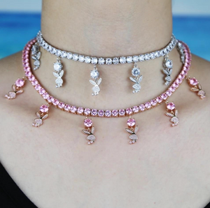 Icy Playgirl Rhinestone Necklace (Rose Pink)